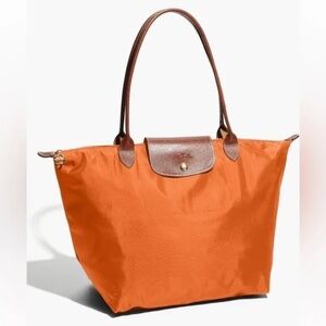 Longchamp Le Pilage Large Orange Tote Bag with Brown Accents